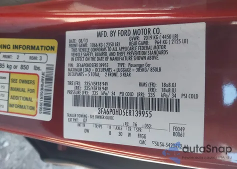 2014 Ford Fusion Se from USA, damaged, VIN 3FA6P0HD5ER139955